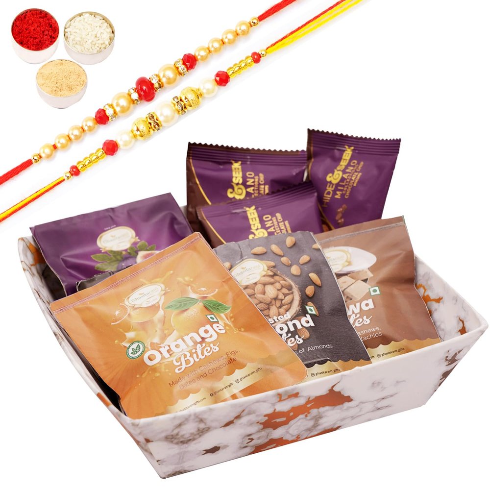 Ghasitaram Gifts Jaiccha Rakhi Gifts for Brothers - Small White Tray of Bites and Cookies with 2 Rakhis