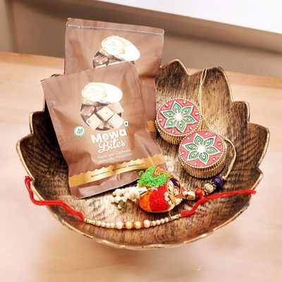 Ghasitaram Gifts Jaiccha Rakhi Gifts for Brothers - Brown Flower Platter with Bhaiya Bhabhi Rakhi with bhaiya bhabhi rakhi set