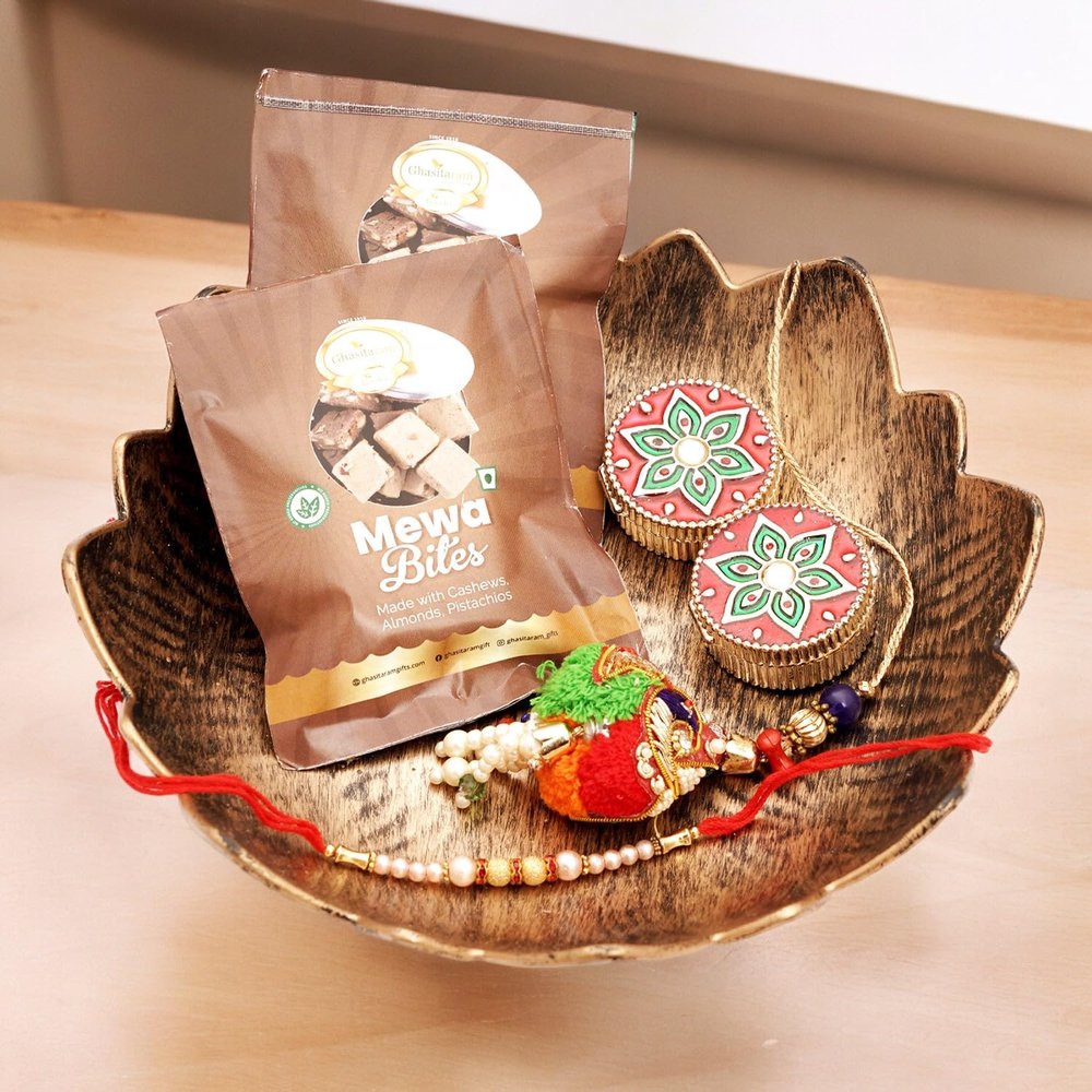 Ghasitaram Gifts Jaiccha Rakhi Gifts for Brothers - Brown Flower Platter with Bhaiya Bhabhi Rakhi with bhaiya bhabhi rakhi set