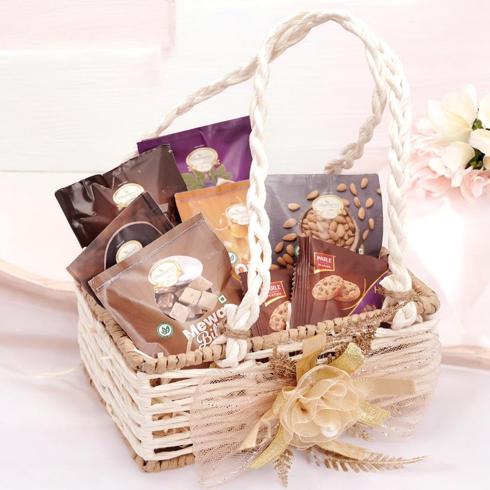 Ghasitaram Gifts Jaiccha - Jute small basket with flower with Bites and Cookies