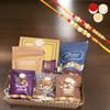Ghasitaram Gifts Jaiccha Rakhi Gifts for Brothers - Brown Medium Tray of 9 Goodies with Soan papdi with 2 Rakhis view 1