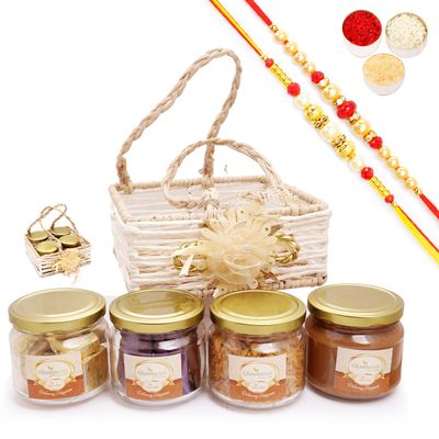 Ghasitaram Gifts Jaiccha Rakhi Gifts for Brothers - Jute Square Basket with Flower with Mahalaxmi Chiwda with 2 Rakhis