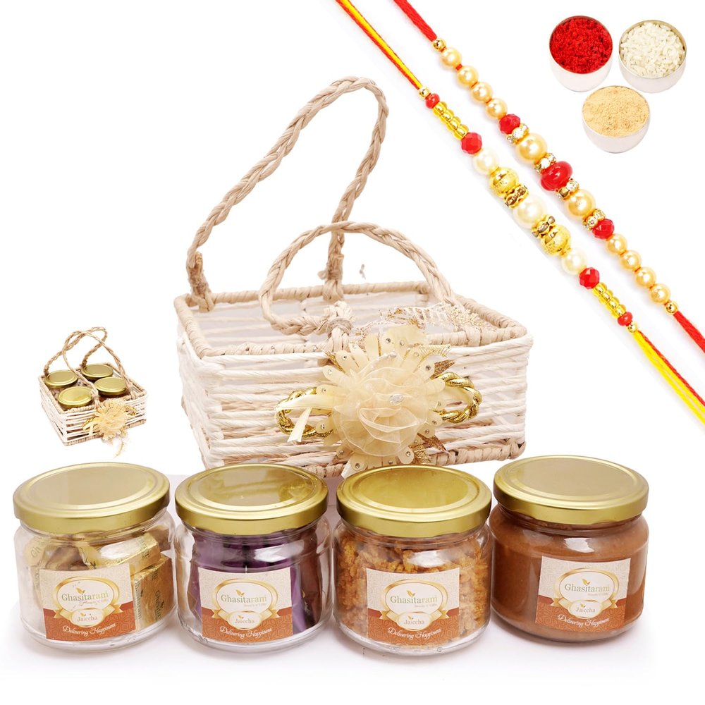 Ghasitaram Gifts Jaiccha Rakhi Gifts for Brothers - Jute Square Basket with Flower with Mahalaxmi Chiwda with 2 Rakhis