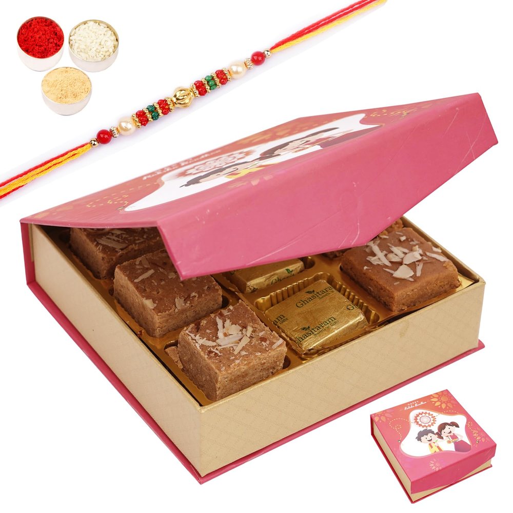 Ghasitaram Gifts Jaiccha Rakhi Gifts for Brothers - Raksha Bandhan Bites Box with barfis with Pearl Beads Rakhi