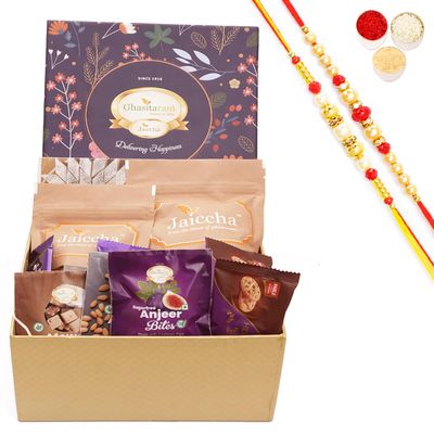Ghasitaram Gifts Jaiccha Rakhi Gifts for Brothers - Ghasitaram Hamper Box with Sweets With Kaju Katli with 2 Rakhis