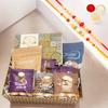 Ghasitaram Gifts Jaiccha Rakhi Gifts for Brothers - Brown Medium Tray of 9 Goodies with Milk Cake with 2 Rakhis view 1