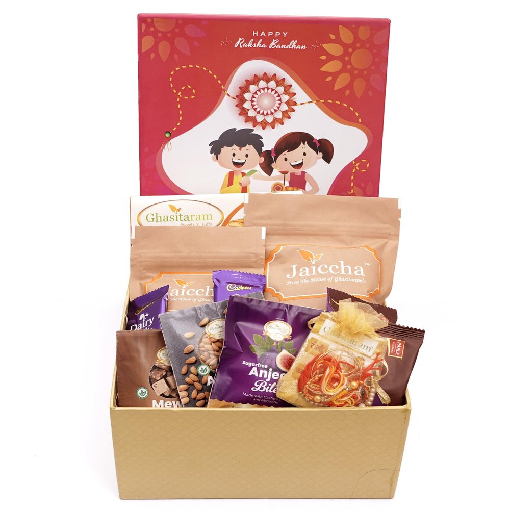 Ghasitaram Gifts Jaiccha Rakhi Gifts for Brothers - Raksha Bandhan Hamper Box with Sweets with besan barfi with 2 Rakhis