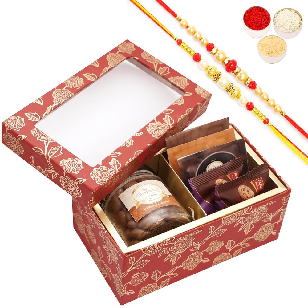 Ghasitaram Gifts Jaiccha Rakhi Gifts for Brothers - Red printed 2 Part Fancy Box with Chocolate almonds with 2 Rakhis