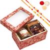 Ghasitaram Gifts Jaiccha Rakhi Gifts for Brothers - Red printed 2 Part Fancy Box with Chocolate almonds with 2 Rakhis view 1