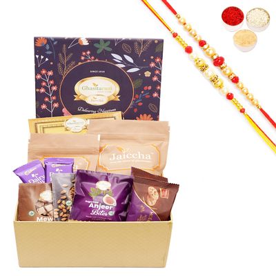 Ghasitaram Gifts Jaiccha Rakhi Gifts for Brothers - Ghasitaram Hamper Box with Sweets With Soan papdi with 2 Rakhis