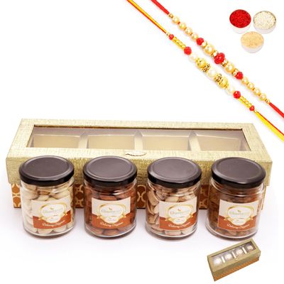 Ghasitaram Gifts Jaiccha Rakhi Gifts for Brothers - Golden Box of 4 Jars with dryfruits with 2 Rakhis
