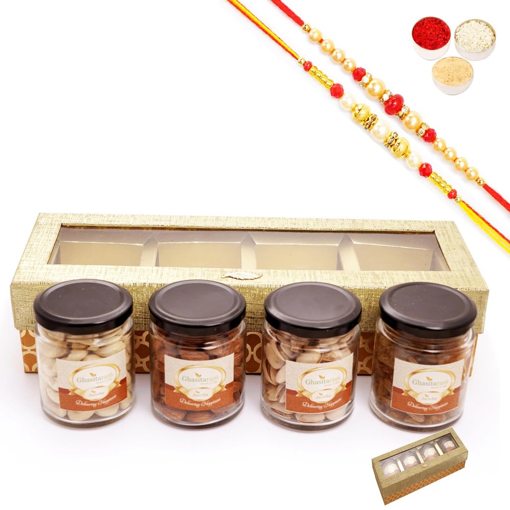 Ghasitaram Gifts Jaiccha Rakhi Gifts for Brothers - Golden Box of 4 Jars with dryfruits with 2 Rakhis