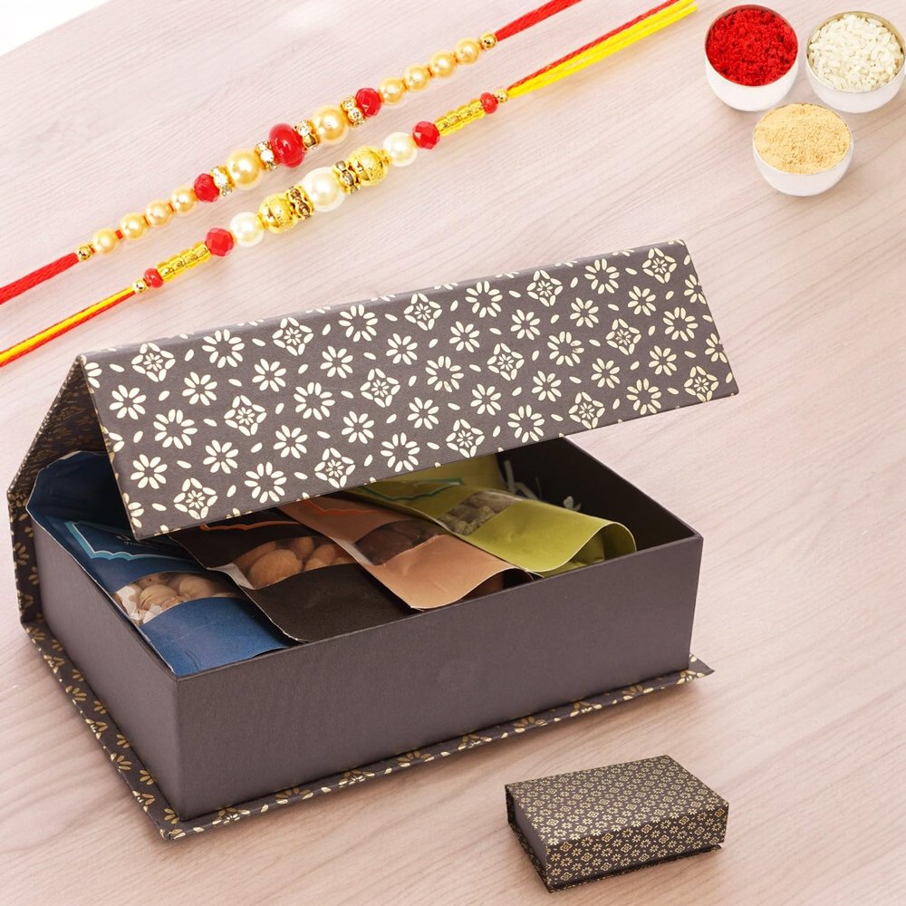 Ghasitaram Gifts Jaiccha Rakhi Gifts for Brothers - Black Gift Box with assorted dryfruits with 2 Rakhis