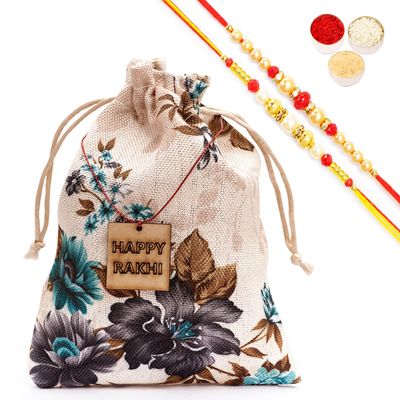 Ghasitaram Gifts Jaiccha Rakhi Gifts for Brothers - Printed Jute Pouch with Rakhi Tags with Cookies with 2 Rakhis