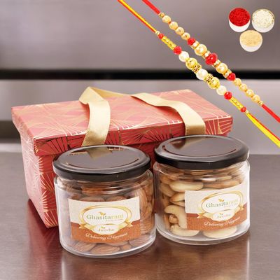 Ghasitaram Gifts Jaiccha Rakhi Gifts for Brothers - 2 Jars Red Box with 2 Rakhis