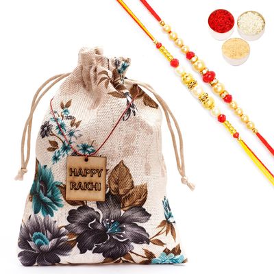 Ghasitaram Gifts Jaiccha Rakhi Gifts for Brothers - Printed Jute Pouch with Rakhi Tags with Bites with 2 Rakhis