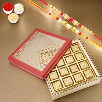 Ghasitaram Gifts Jaiccha Rakhi Gifts for Brothers - Carving Box with 16 pcs Chocolates and 2 Rakhis