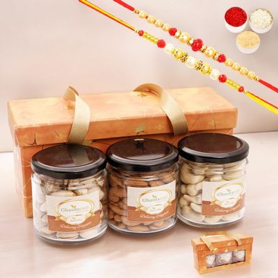 Ghasitaram Gifts Jaiccha Rakhi Gifts for Brothers - 3 jars Orange Box with dryfruits with 2 Rakhis