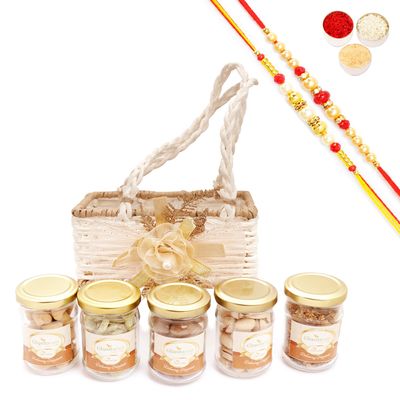 Ghasitaram Gifts Jaiccha Rakhi Gifts for Brothers - Jute small basket with flower with Mukhwas with 2 Rakhis
