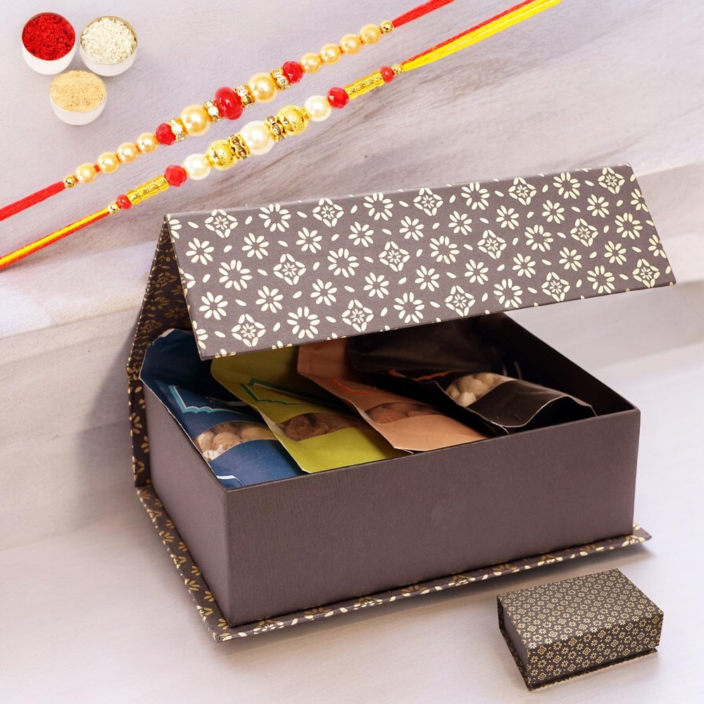 Ghasitaram Gifts Jaiccha Rakhi Gifts for Brothers - Black Gift Box with dryfruits with 2 Rakhis