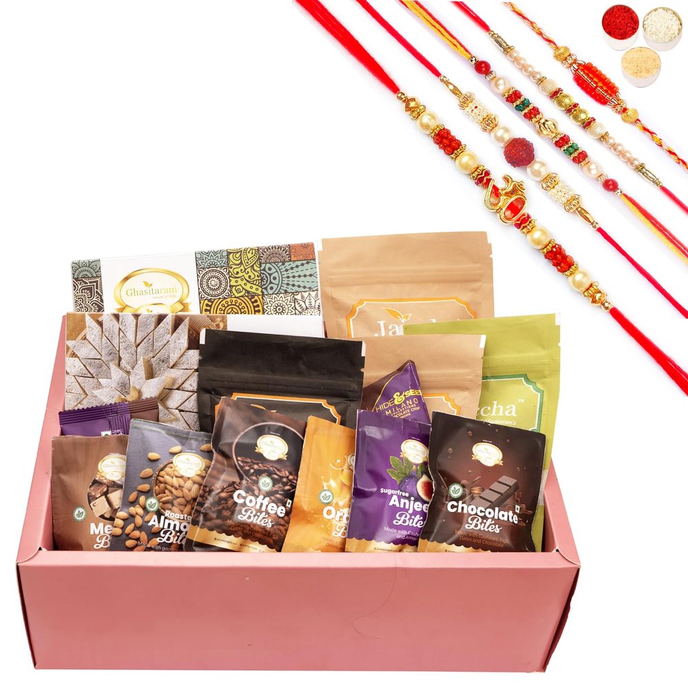 Ghasitaram Gifts Jaiccha Rakhi Gifts for Brothers - Rust Hamper Box with bites with 5 Rakhis