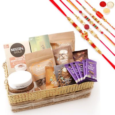 Ghasitaram Gifts Jaiccha Rakhi Gifts for Brothers - Jute Metal Rectangle Basket with 20 Assorted Goodies with 5 Rakhis