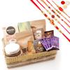 Ghasitaram Gifts Jaiccha Rakhi Gifts for Brothers - Jute Metal Rectangle Basket with 20 Assorted Goodies with 5 Rakhis