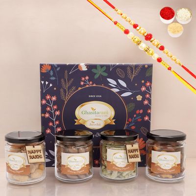 Ghasitaram Gifts Jaiccha Rakhi Gifts for Brothers - Ghasitaram Hamper Box of 4 Assorted Dryfruit jars with Rakhi Tags with 2 Rakhis