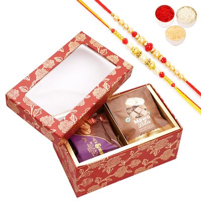 Ghasitaram Gifts Jaiccha Rakhi Gifts for Brothers - Red printed 2 Part Fancy Box with bites and cookies with 2 Rakhis
