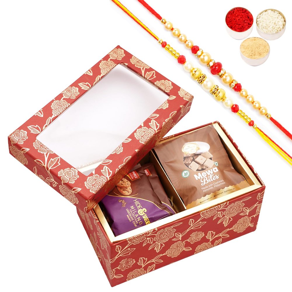 Ghasitaram Gifts Jaiccha Rakhi Gifts for Brothers - Red printed 2 Part Fancy Box with bites and cookies with 2 Rakhis