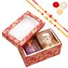 Ghasitaram Gifts Jaiccha Rakhi Gifts for Brothers - Red printed 2 Part Fancy Box with bites and cookies with 2 Rakhis view 1