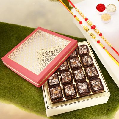 Ghasitaram Gifts Jaiccha Rakhi Gifts for Brothers - Carving Box with 16 pcs sugarfree bites and 2 Rakhis
