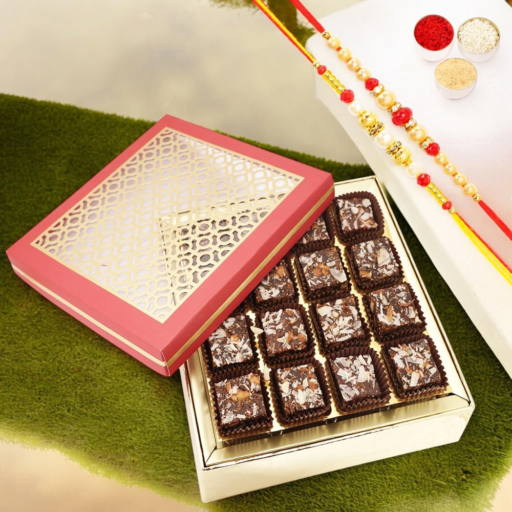 Ghasitaram Gifts Jaiccha Rakhi Gifts for Brothers - Carving Box with 16 pcs sugarfree bites and 2 Rakhis