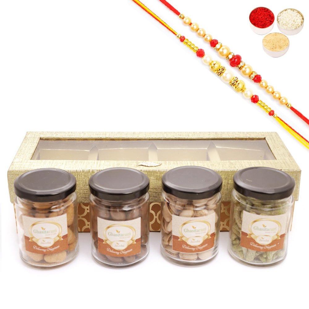 Ghasitaram Gifts Jaiccha Rakhi Gifts for Brothers - Golden Box of 4 Jars with assorted dryfruits with 2 Rakhis