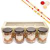 Ghasitaram Gifts Jaiccha Rakhi Gifts for Brothers - Golden Box of 4 Jars with assorted dryfruits with 2 Rakhis view 1