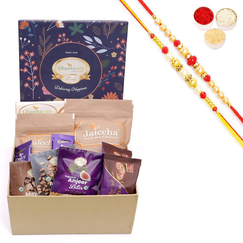 Ghasitaram Gifts Jaiccha Rakhi Gifts for Brothers - Ghasitaram Hamper Box with Sweets with besan barfi with 2 Rakhis