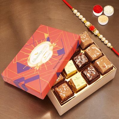 Ghasitaram Gifts Jaiccha Rakhi Gifts for Brothers - Ghasitaram Special Barfis Box 12 pcs in a Premium Box with Pearl Beads Rakhi