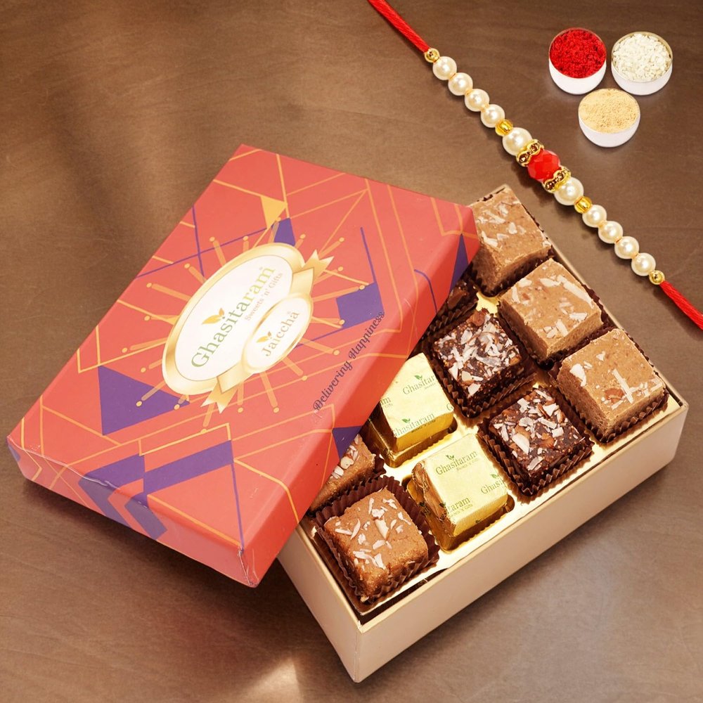 Ghasitaram Gifts Jaiccha Rakhi Gifts for Brothers - Ghasitaram Special Barfis Box 12 pcs in a Premium Box with Pearl Beads Rakhi