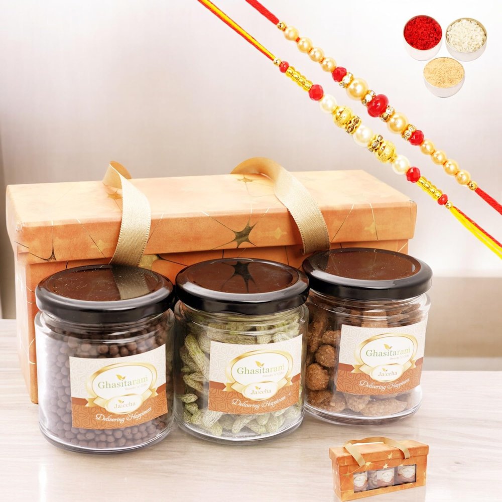 Ghasitaram Gifts Jaiccha Rakhi Gifts for Brothers - 3 jars Orange Box with assorted nuts and crispies with 2 Rakhis