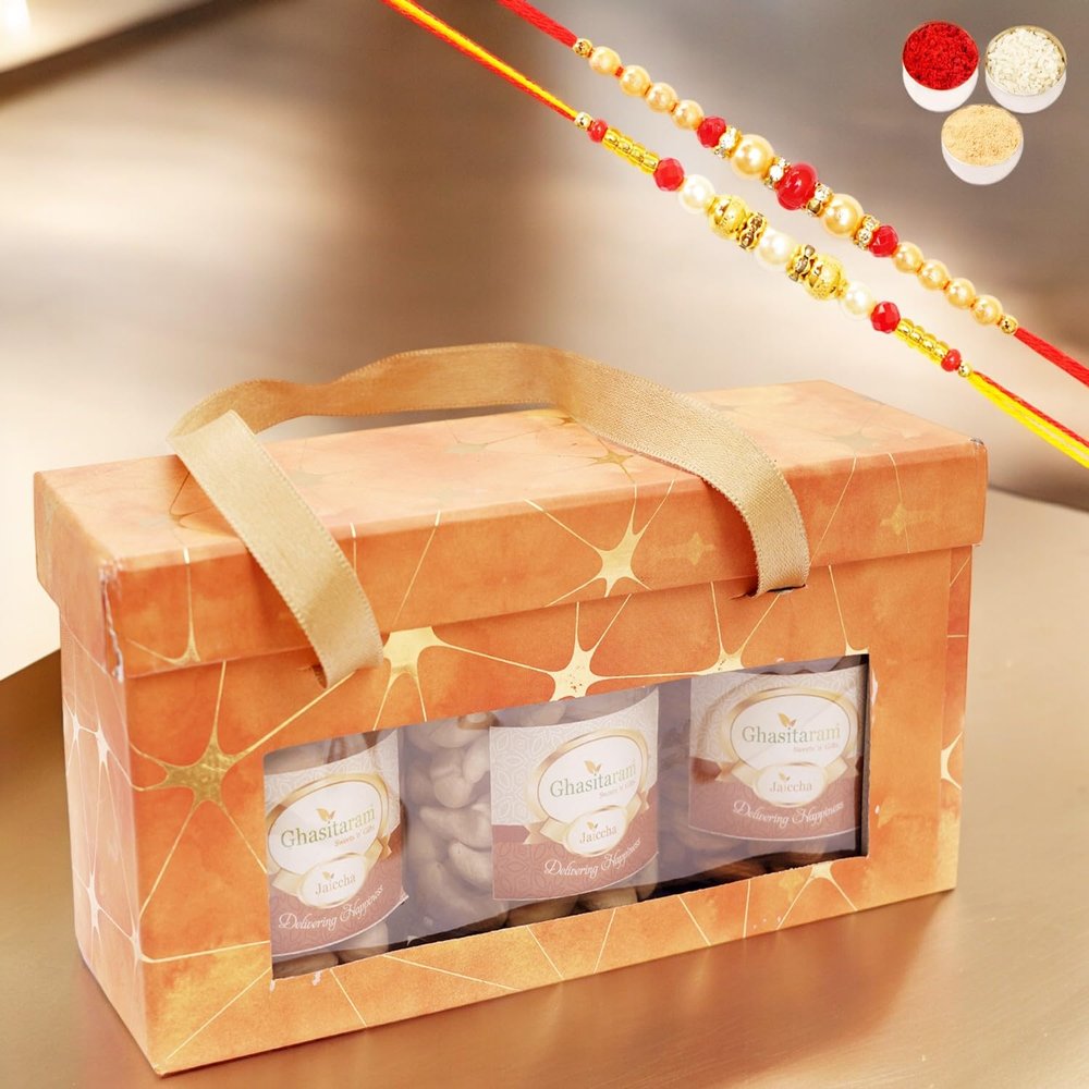 Ghasitaram Gifts Jaiccha Rakhi Gifts for Brothers - 3 jars Orange Box with assorted nuts with 2 Rakhis