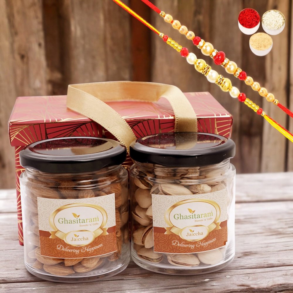 Ghasitaram Gifts Jaiccha Rakhi Gifts for Brothers - 2 Jars Red Box with Almonds and Pistachios with 2 Rakhis
