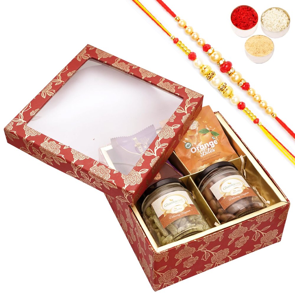 Ghasitaram Gifts Jaiccha Rakhi Gifts for Brothers - Red Printed 4 Part Fancy Box with 2 Rakhis
