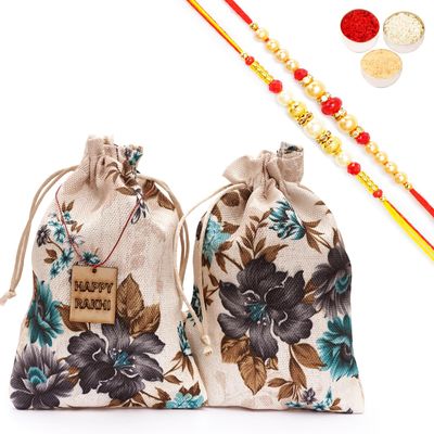 Ghasitaram Gifts Jaiccha Rakhi Gifts for Brothers - Printed Jute Pouch with Rakhi Tags with Bites and Cookies with 2 Rakhis