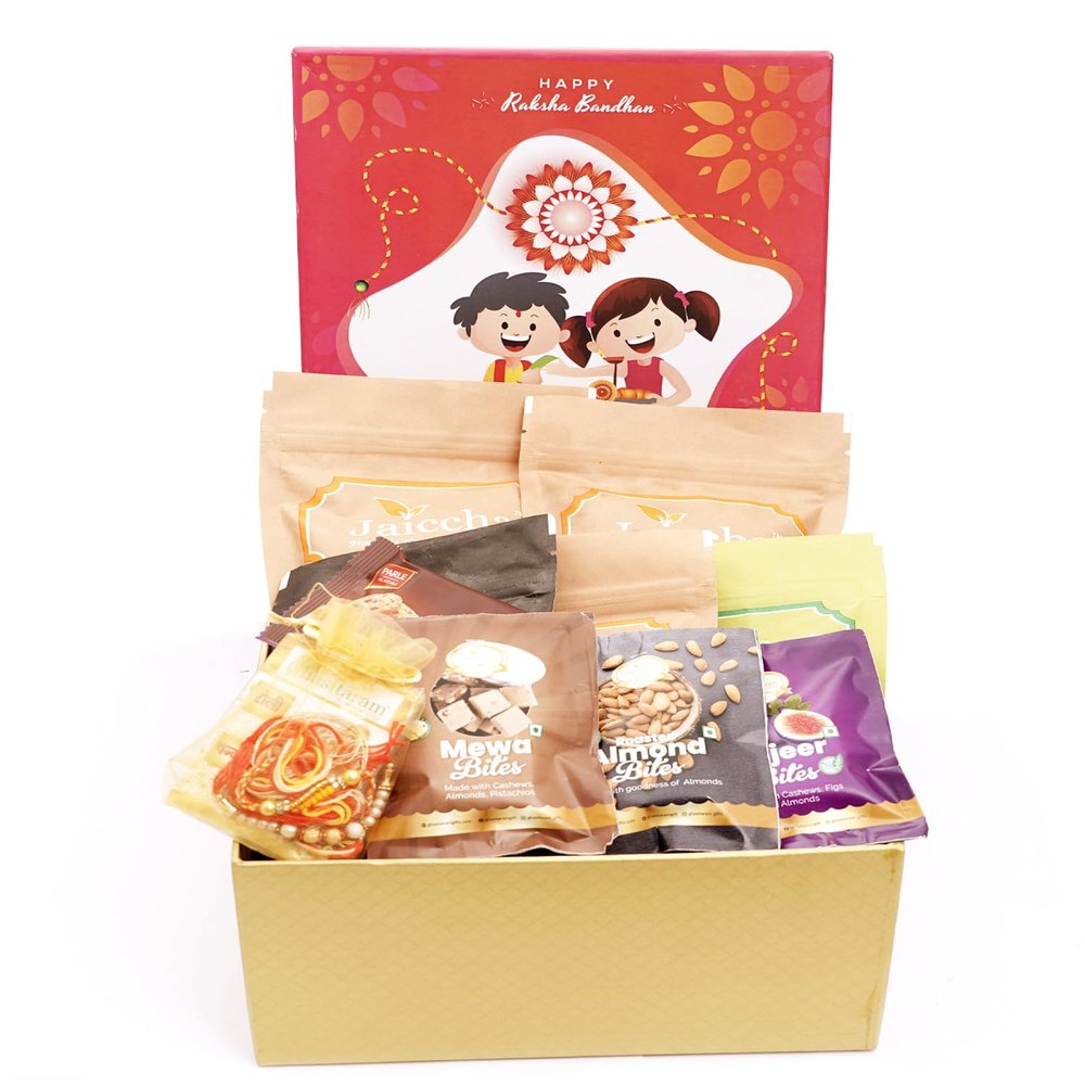 Ghasitaram Gifts Jaiccha Rakhi Gifts for Brothers - Raksha Bandhan Box of Assorments with 13 Goodies with 2 Rakhis