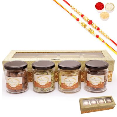 Ghasitaram Gifts Jaiccha Rakhi Gifts for Brothers - Golden Box of 4 Jars with bites with 2 Rakhis