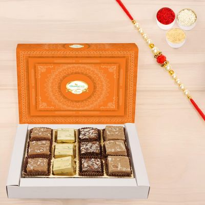 Ghasitaram Gifts Jaiccha Rakhi Gifts for Brothers - Ghasitaram Special Barfis Box 12 pcs with Pearl Beads Rakhi