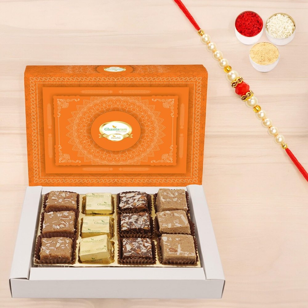 Ghasitaram Gifts Jaiccha Rakhi Gifts for Brothers - Ghasitaram Special Barfis Box 12 pcs with Pearl Beads Rakhi