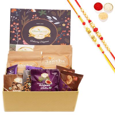 Ghasitaram Gifts Jaiccha Rakhi Gifts for Brothers - Ghasitaram Hamper Box with Sweets with Milk Cake with 2 Rakhis