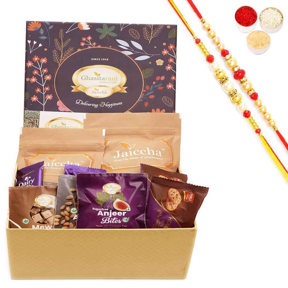 Ghasitaram Gifts Jaiccha Rakhi Gifts for Brothers - Ghasitaram Hamper Box with Sweets with Milk Cake with 2 Rakhis