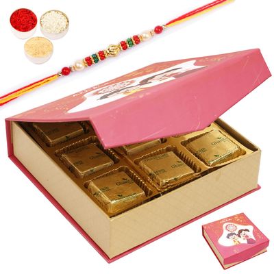 Ghasitaram Gifts Jaiccha Rakhi Gifts for Brothers - Raksha Bandhan Bites Box with Chocolates with Pearl Beads Rakhi